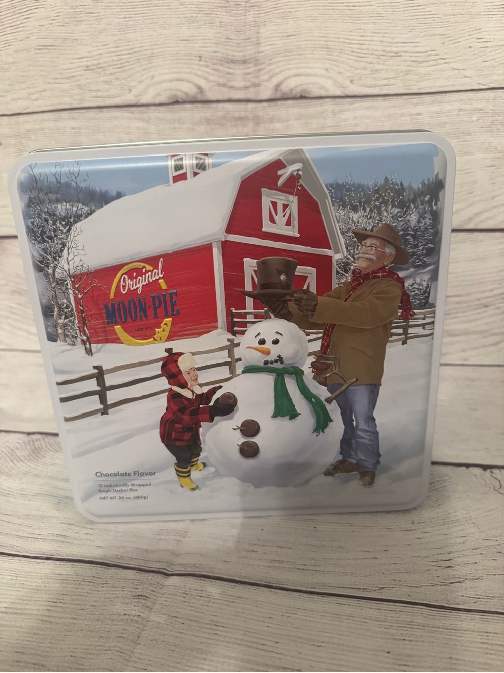 Holiday Tin — Red & White Winter Barn Design